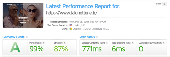 Site web vitrine opticien performances GTmetrix