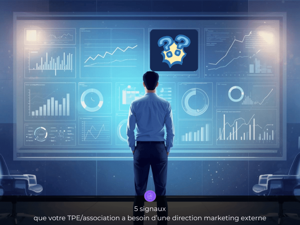 Dirigeant TPE analyse dashboards marketing avec points d'interrogation – besoin direction externe