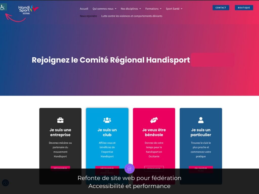 Site web Handisport Occitanie accessible WCAG design moderne responsive navigation claire